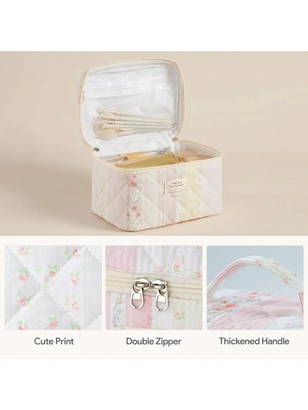 3-Piece Quilted Travel Makeup Bag Set - Large Cotton Organizer for Cosmetics